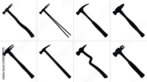 Eight black silhouette icons of hammers with varied handle shapes and head designs on a white background