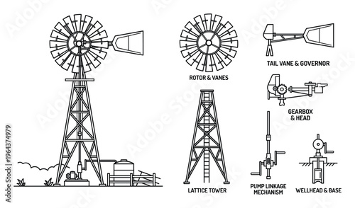 Windmill detailed technical drawing with parts and mechanisms isolated, tower, rotor, vanes, gearbox and pump.