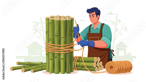 Artisan Crafting Bamboo: An artisan skillfully ties together stalks of fresh bamboo, showcasing the craft of sustainable materials, emphasizing craftsmanship and natural products.