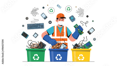 Eco-Friendly Technician: An environmental technician meticulously sorts discarded electronic components into labeled recycling bins, promoting sustainability and responsible waste management.