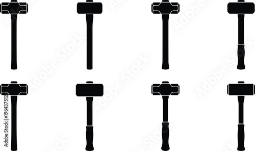 Eight black silhouette icons of sledgehammers in different orientations and handle styles on a white background