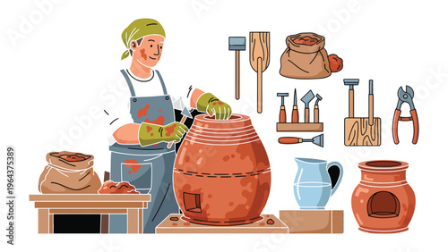 Artisan crafting pottery: A skilled artisan meticulously works on a pottery piece, surrounded by essential tools of the trade. The scene depicts the art of shaping clay.
