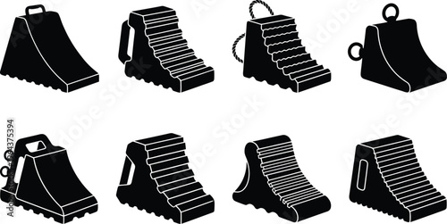Eight black silhouette icons of wheel chocks with various designs and features on a white background
