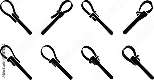 Eight black silhouette illustrations of adjustable wrenches with looped handles in different orientations