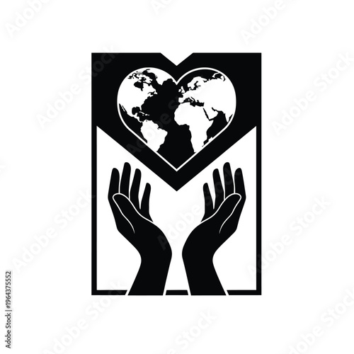 Illustration of vector hands holding heart shaped earth