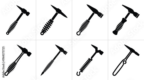 Eight black silhouette illustrations of blacksmith hammers with coiled handles and pointed or flat heads