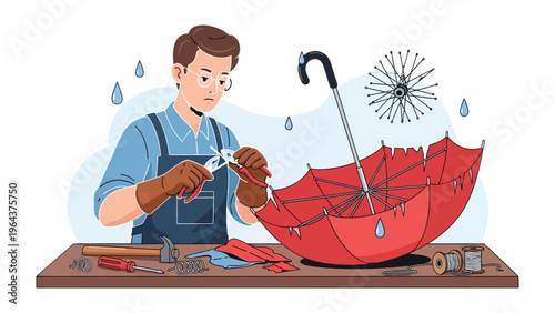 Artisan's Meticulous Craft: An artisan meticulously repairs a vibrant red umbrella, showcasing the delicate balance of skill, patience, and restoration.