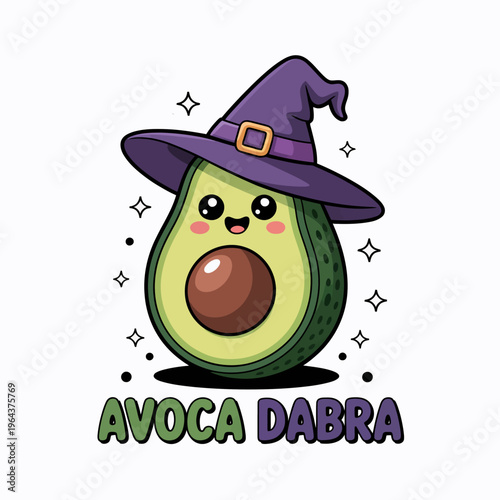 A cute avocado wearing a purple witch hat, complete with a small smile and rosy cheeks. Avoca dabra