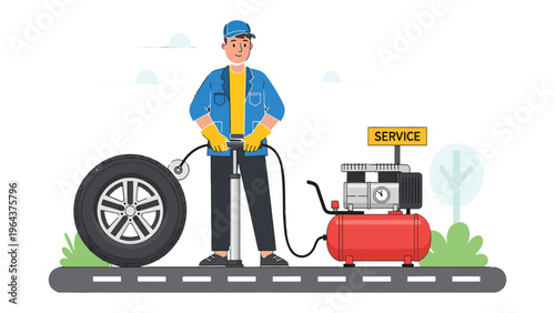 Mechanic inflating a tire: A skilled mechanic uses a tire inflator in order to service the tire on the road, with an air compressor beside him.