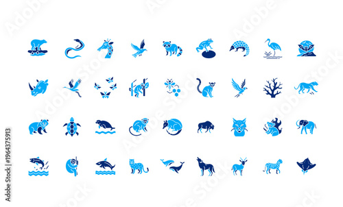 endangered vulnerable animals stylized blue glyph style icons
