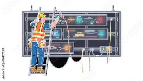 Digital Technician at Work: An electrician skillfully attends to the complex internal workings of a technological billboard, showcasing expertise and attention to detail.