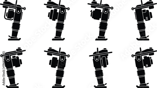 Eight black silhouette illustrations of tamping rammer compactors in various poses and angles soil compactor