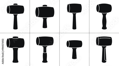 Eight black silhouette mallets with different head shapes and handle designs on a white background hammer