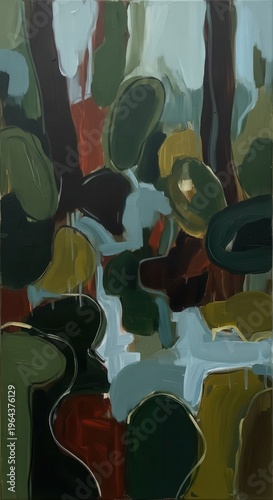 Abstract organic shapes overlap across a vertical canvas displaying earth tones and cool blues