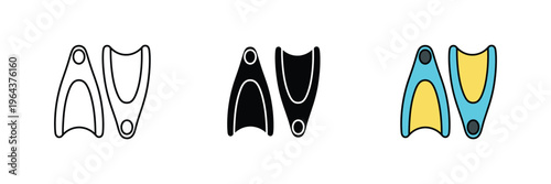 Pair of diving fins for swimming, snorkeling and underwater scuba diving sports icon set. Water activity equipment symbol. Vector Illustration.