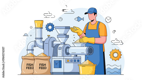 Food Production Process: A detailed illustration of a man engaged in the fish feed production process, demonstrating a modern production process.