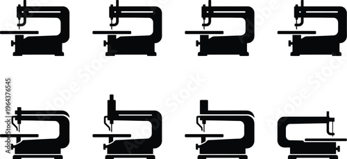 Eight black silhouette sewing machines with variations in arm and base design on a white background craft