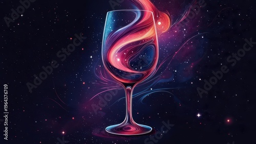 Wine glass, cosmic swirls, galaxy backdrop