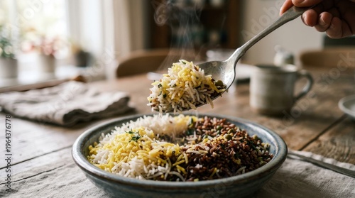 Close-up of a steaming bowl of mixed rice on a wooden table