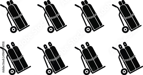 Eight Black Silhouettes of Gas Cylinder Carts with Chains trolley dolly