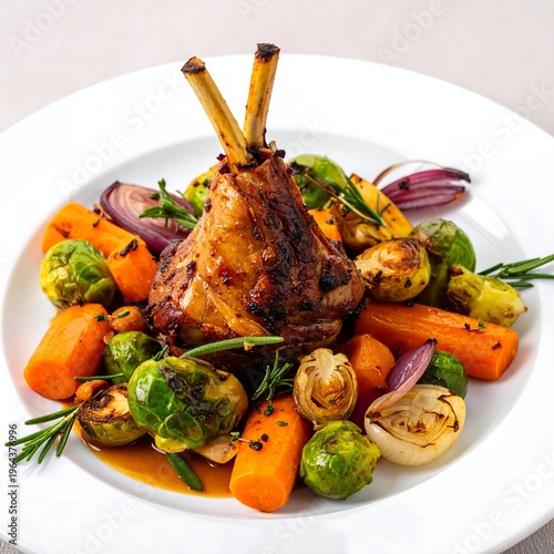 Roasted Lamb Shank with Brussels Sprouts and Carrots on White Plate.