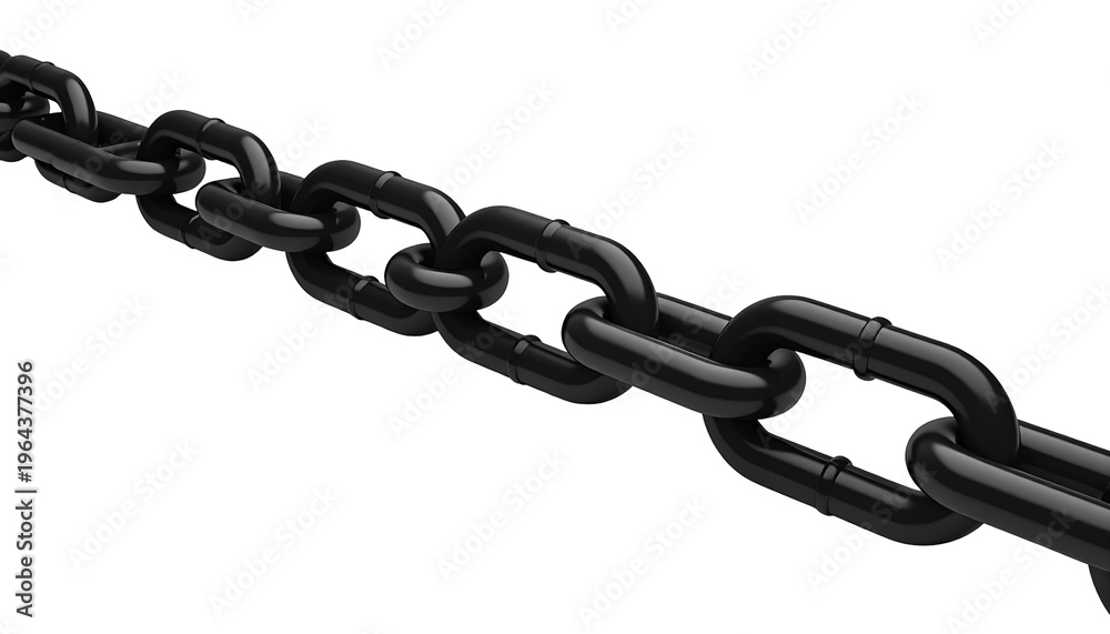 Fototapeta premium A dark, glossy chain diagonally spans the frame, links tightly connected against a black background