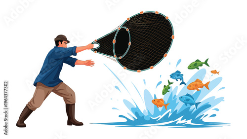Catching Fish: A man casts a net into the water, aiming to catch a group of fish. It captures the action of fishing and water splash.