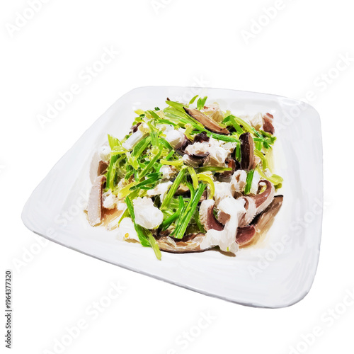 Hand-painted stir-fried cuttlefish with celery and chili on a blue and white patterned rectangular plate, isolated on transparent background