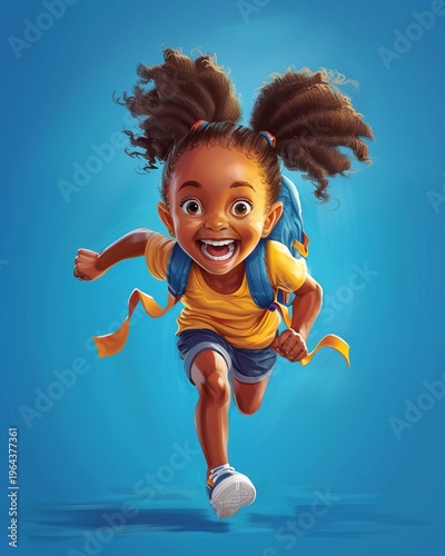 Cheerful cartoon girl with a backpack joyfully running forward on a vibrant blue background