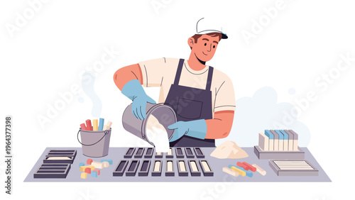 Artisan Soap Making: A skilled artisan, clad in work attire, carefully pours a fragrant blend into individual molds, preparing to craft exquisite handmade soaps.