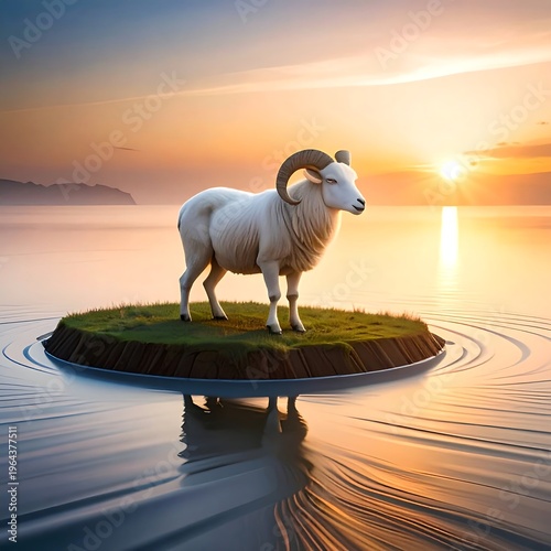 Ram on Island at Sunset - Serene Wildlife Scene.
