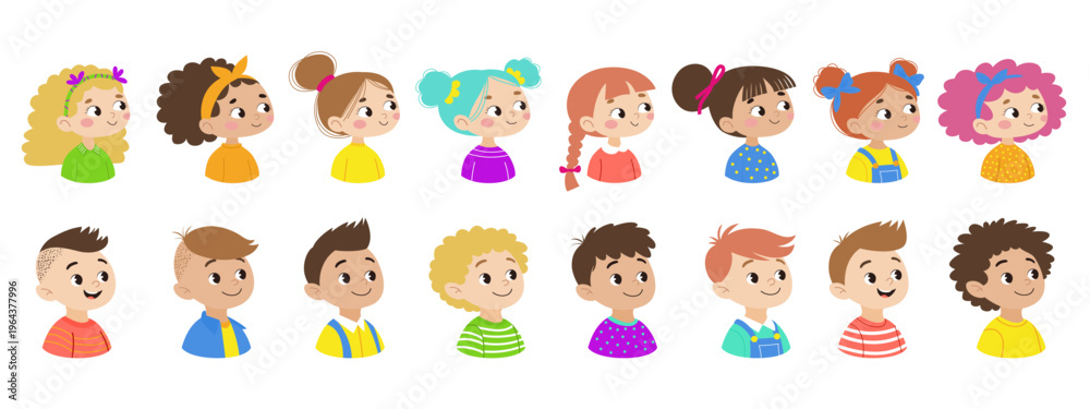 Fototapeta premium Set of 8 girls and 8 boys with different hairstyles. Cute children characters in flat vector style