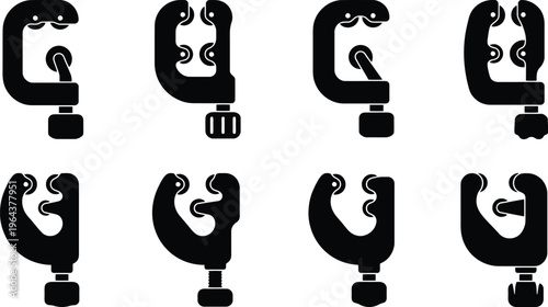 Eight Black Silhouettes of Pipe Cutters in Different Orientations and Designs tool plumbing