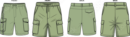 Men cargo shorts set with multiple pockets, front and back views, casual summer apparel design, detailed fashion template – vector illustration