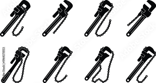 Eight Black Silhouettes of Pipe Wrenches with Chains on a White Background adjustable wrench plumbing tool