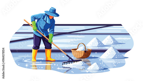 Salt Farmer at Work: A farmer meticulously rakes a salt pan, gathering the crystallized harvest. Depicting a scene of labor, tradition, and the production of a staple commodity.