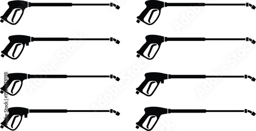 Eight Black Silhouettes of Pressure Washer Spray Guns with Long Wands hose nozzle