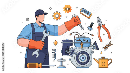 Mechanic hard at work: A skilled mechanic meticulously repairs an engine. Surrounded by tools, his focused effort symbolizes diligence, precision, and expertise. 