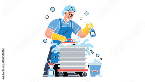 Workplace Sanitation: A focused worker diligently disinfects items, ensuring a clean and hygienic environment for everyone.