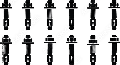 Collection of Black Silhouette Anchor Bolts with Nuts and Washers on White Background Keywords: anchor bolt, nut, washer, fastener, hardware, construction, building, fixing, threaded, metal