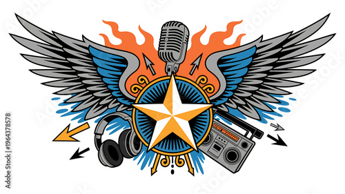 Colorful music symbol with microphone headphones and boombox  star with wings