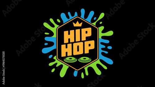 Hip hop music logo with colorful paint splashes and crown
