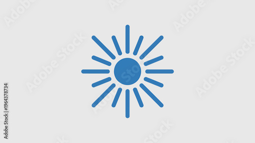Blue sun symbol with rays on light gray background