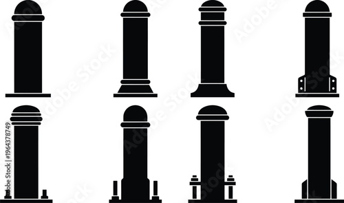 Eight Black Silhouette Icons of Bollards with Different Top and Base Designs Keywords: bollard, post, barrier, traffic control, street furniture, urban design, landscape architecture, security