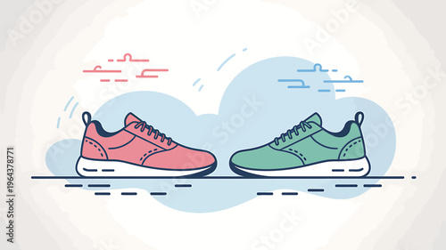 Colorful sneakers side by side on road with clouds and lines illustration