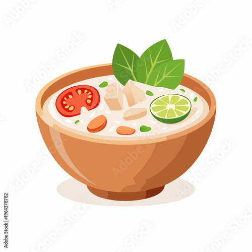 A close-up illustration of a bowl of delicious, creamy Tom Kha Gai soup, garnished with fresh basil and lime slices