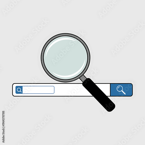 Magnifying glass over search bar with blue button  web search concept