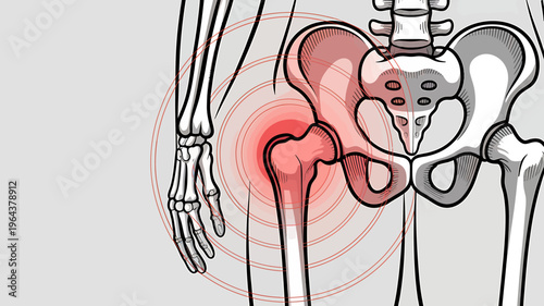 Human skeleton with highlighted painful hip joint and red circles indicating pain