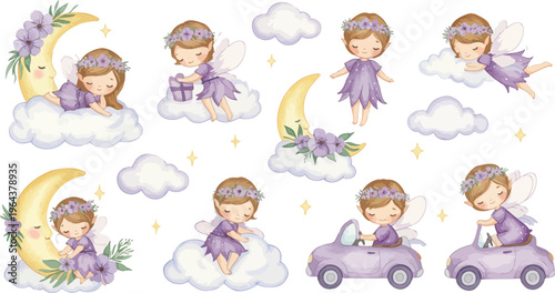 Whimsical illustrations of little girl in purple dress and headband playing on clouds and in a car