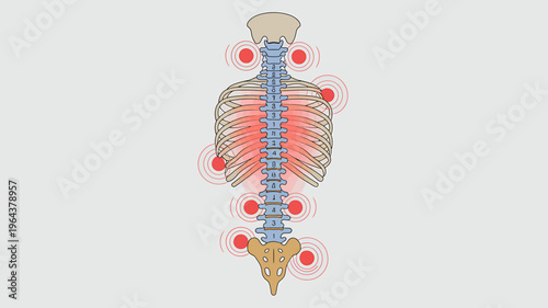 Human spine and ribcage with pain points and red circles indicating muscle strain areas